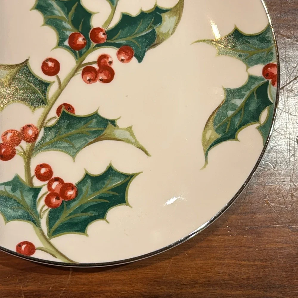 NWOT Restoration Hardware Holly Salad Plate 7 3/4” Silver Rim Christmas Holuday